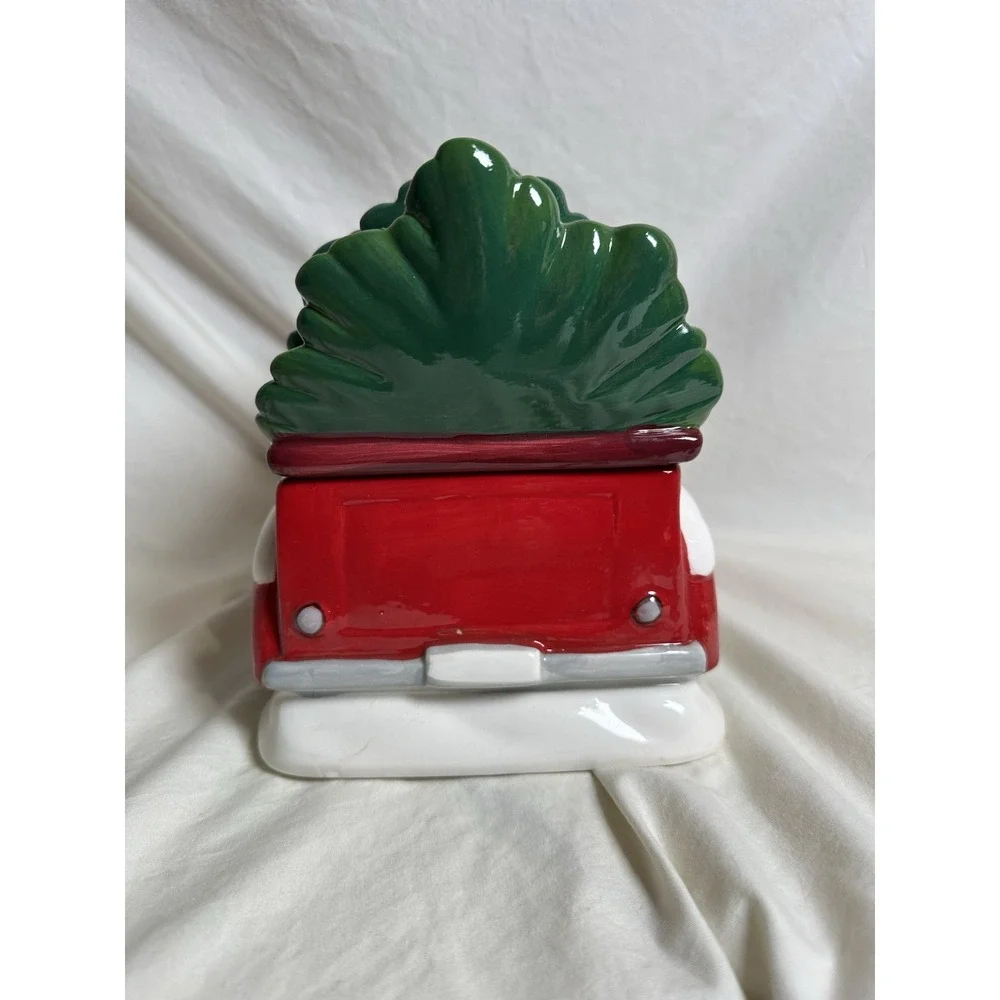 Christmas Red Truck Cookie Jar Canister w Tree Ceramic Holiday‎ Decor